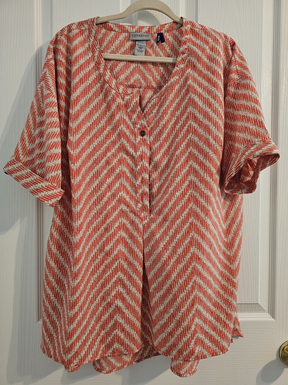 Catherines Coral and Cream Chevron Henley Top